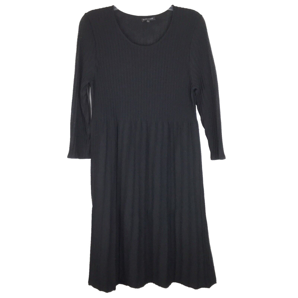 Eileen Fisher Sweater Dress 100% Wool Black Ribbed 3/4 Sleeve Fit Flare Small